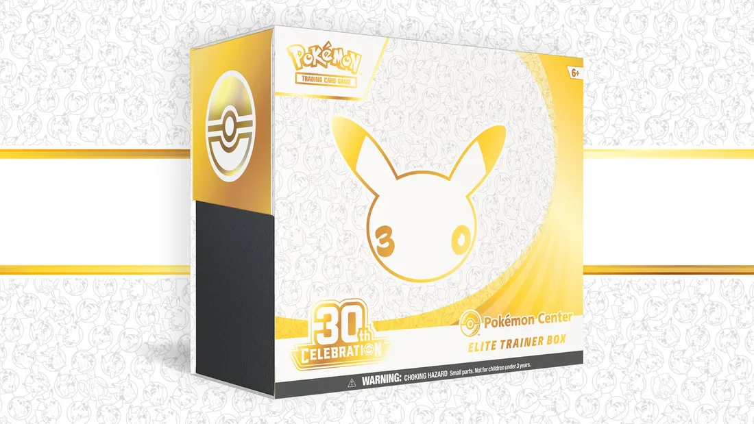 30th Celebration Pokémon Center Elite Trainer Box, nearly identical gold box with Pokémon Center branding