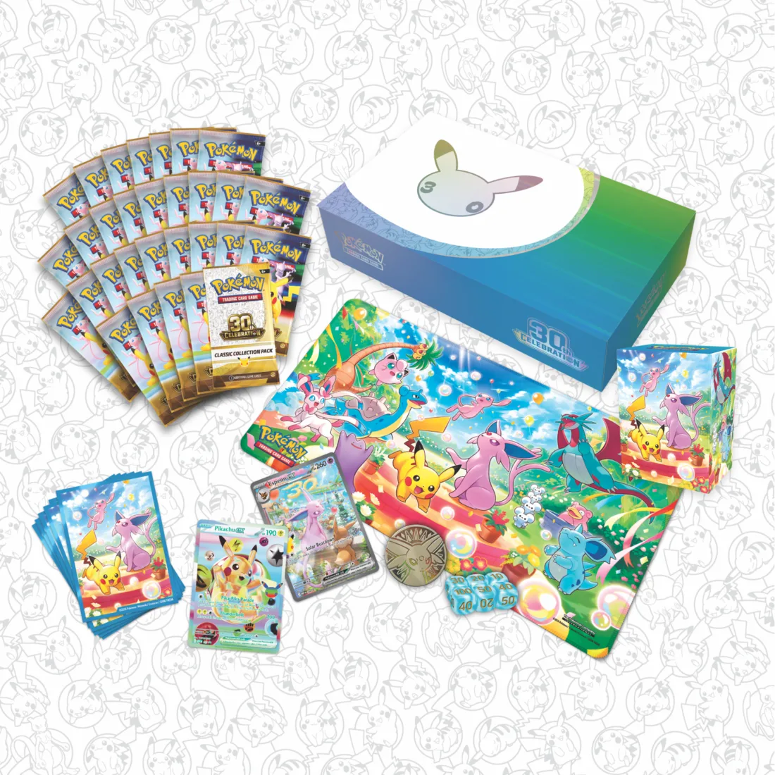 Everything included in the Day Ultra Premium Collection laid out: 29 booster packs, Classic Collection pack, playmat, deck box, sleeves, promo cards, coin and dice