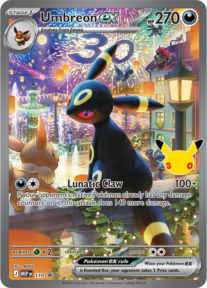 Umbreon ex promo card from the 30th Celebration Ultra Premium Collection Night box, HP 270