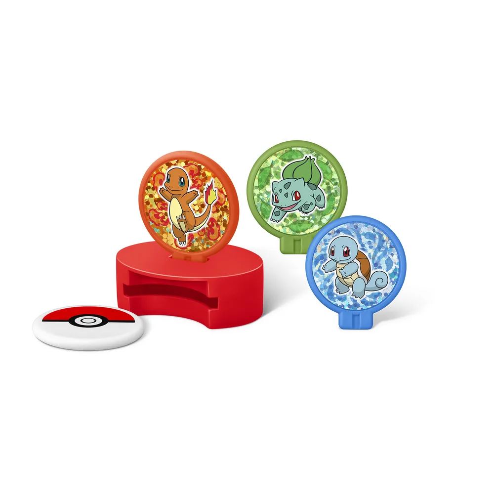 Disc Shooting toy with a red Poké Ball base and holographic panels of Charmander, Bulbasaur and Squirtle