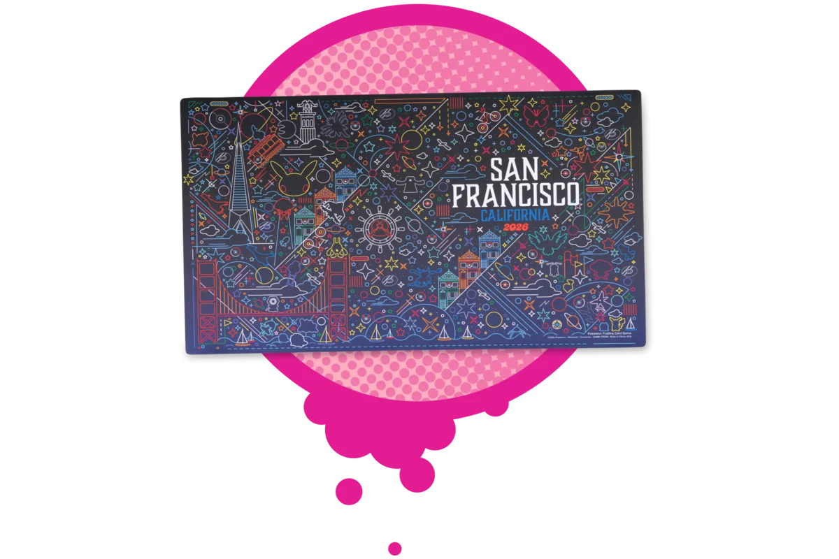 San Francisco California 2026 TCG playmat with local landmarks in neon line art